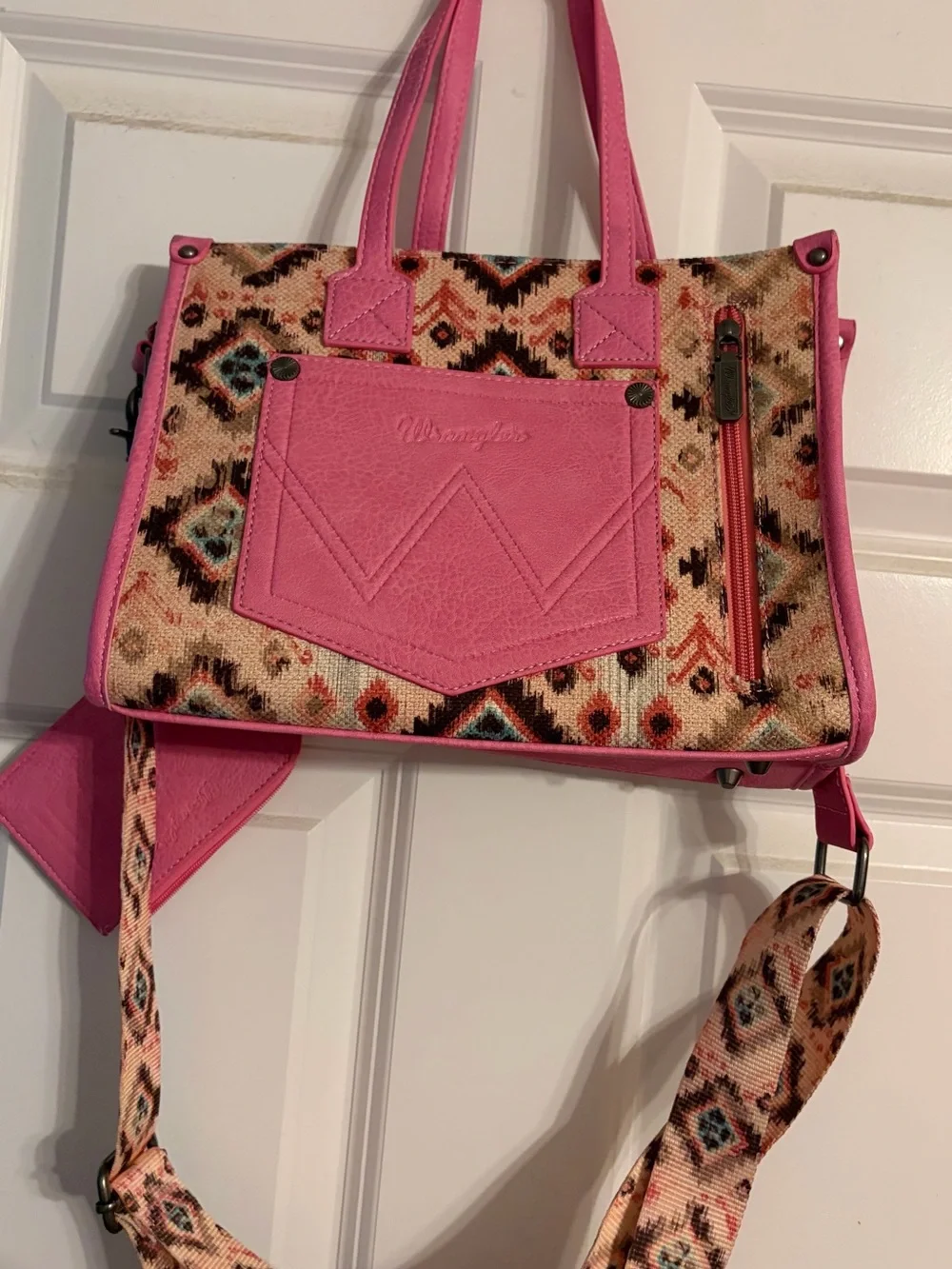 Wrangler Pink & Cream Aztec Satchel with Accent Strap
